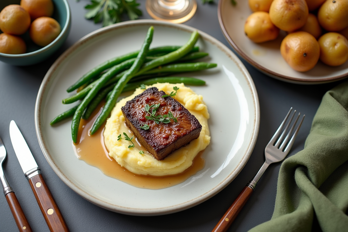 Assiette avec purée de pommes de terre vertes et pommes de terre nouvelles