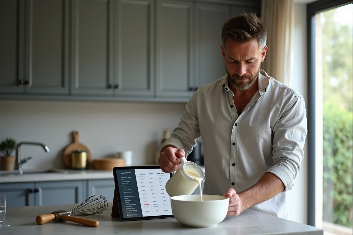 Homme consultant une tablette affichant une conversion de recette française en versant de la crème dans un bol