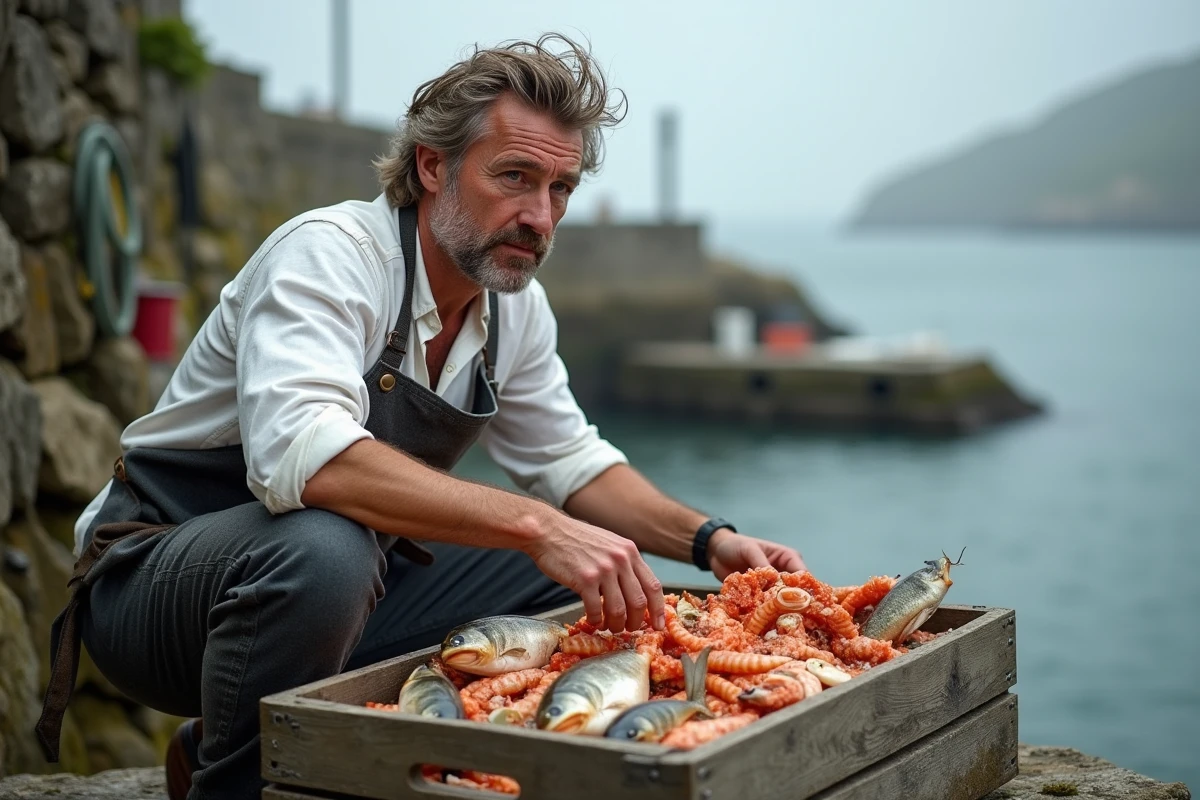 Alexandre Couillon accroupi sur le quai de Noirmoutier devant une caisse de langoustines et poissons de l'Atlantique, le port insulaire en arrière-plan