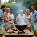 Groupe d'amis autour d'un barbecue en été dans un jardin