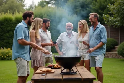 Groupe d'amis autour d'un barbecue en été dans un jardin