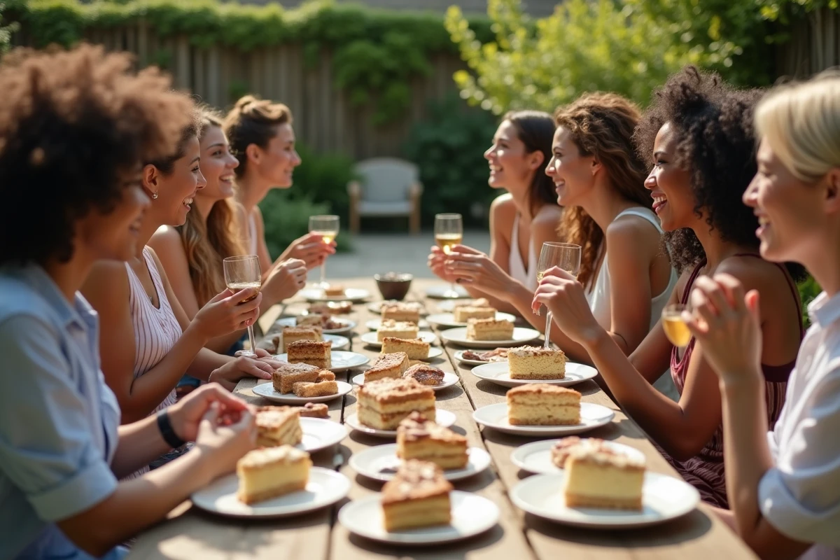 Groupe d amis dégustant des parts de gâteau aux amandes en extérieur