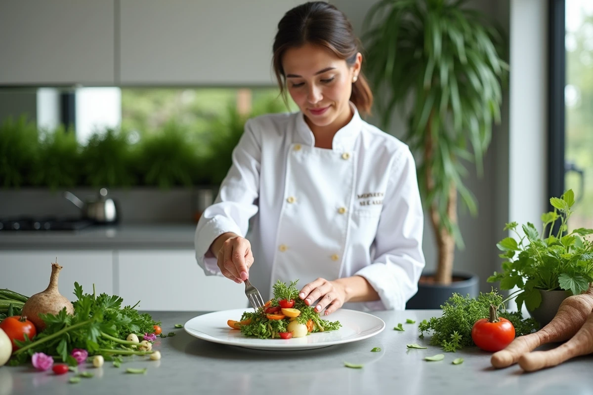 Anne-Sophie Pic en cuisine gastronomique à Valence, réalisant un dressage végétal minutieux sur assiette en porcelaine blanche
