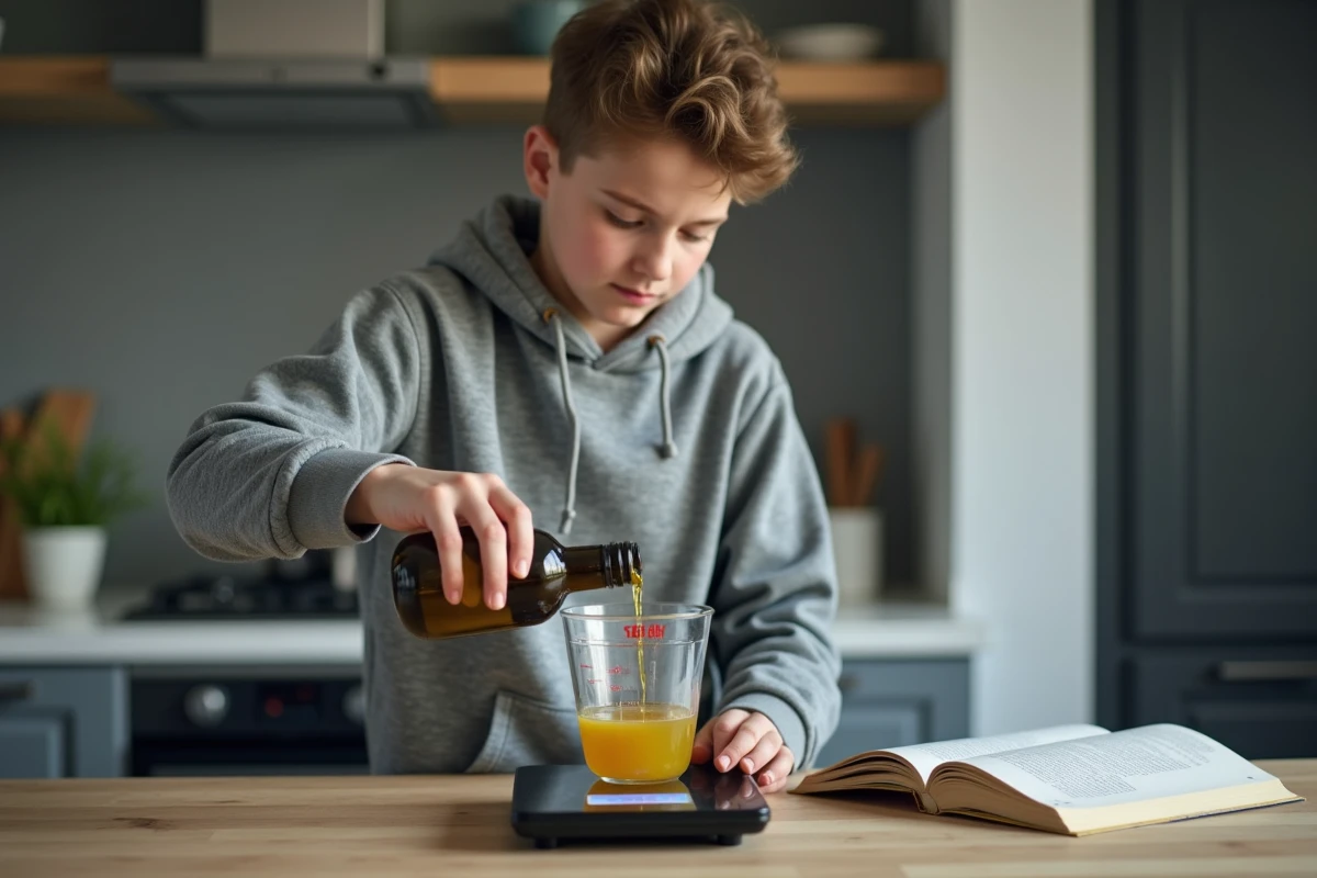 Adolescent versant de l'huile dans un verre doseur posé sur une balance numérique, apprentissage de la conversion grammes et litres en cuisine