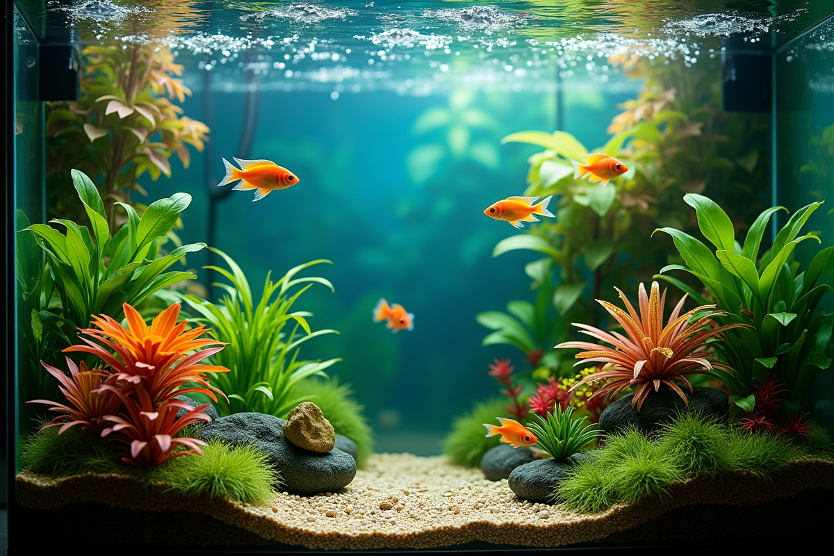 Aquarium maison avec poissons colorés et plantes aquatiques