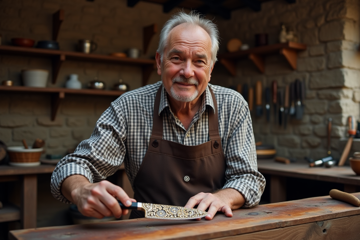 Artisan présentant un couteau orné dans son atelier traditionnel