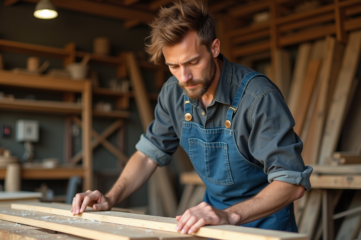 Jeune artisan en atelier en train d assembler du bois