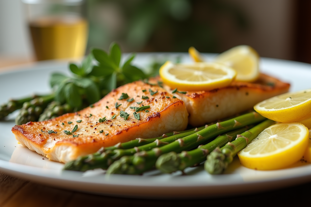 Asperges vapeur et quartiers de pommes de terre avec poisson cuit