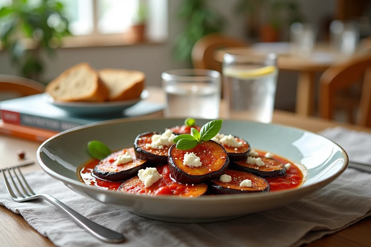 Assiette d'aubergines rôties avec sauce tomate et feta sur une table de salle à manger pour un repas équilibré