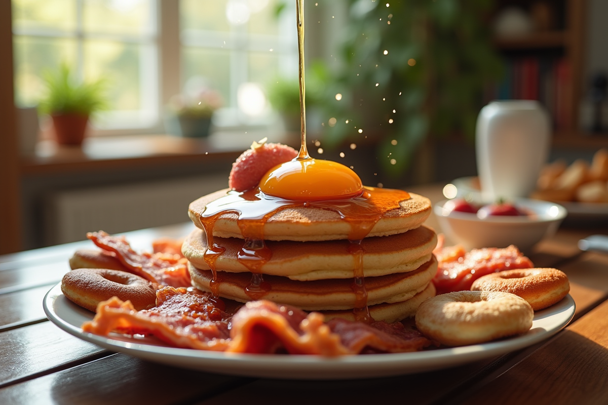 Assiette chargée de pancakes, bacon et donuts colorés en journée lumineuse
