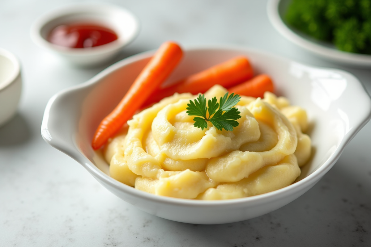 Assiette de purée de carottes et pommes de terre garnie de persil frais