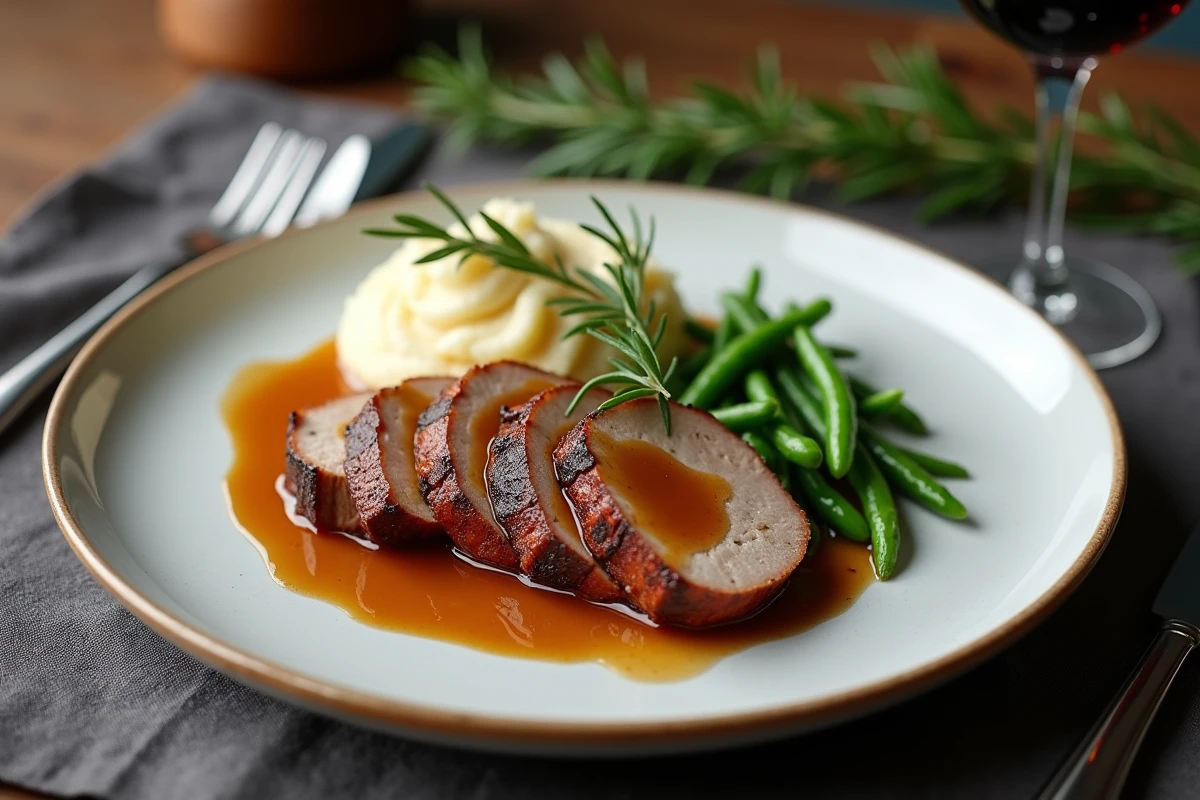 Assiette de rôti de porc sauce fond de veau accompagné de purée et haricots verts style bistrot
