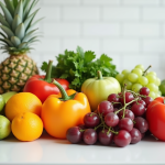 Assortiment coloré de fruits et légumes sur un plan de travail