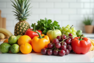 Assortiment coloré de fruits et légumes sur un plan de travail