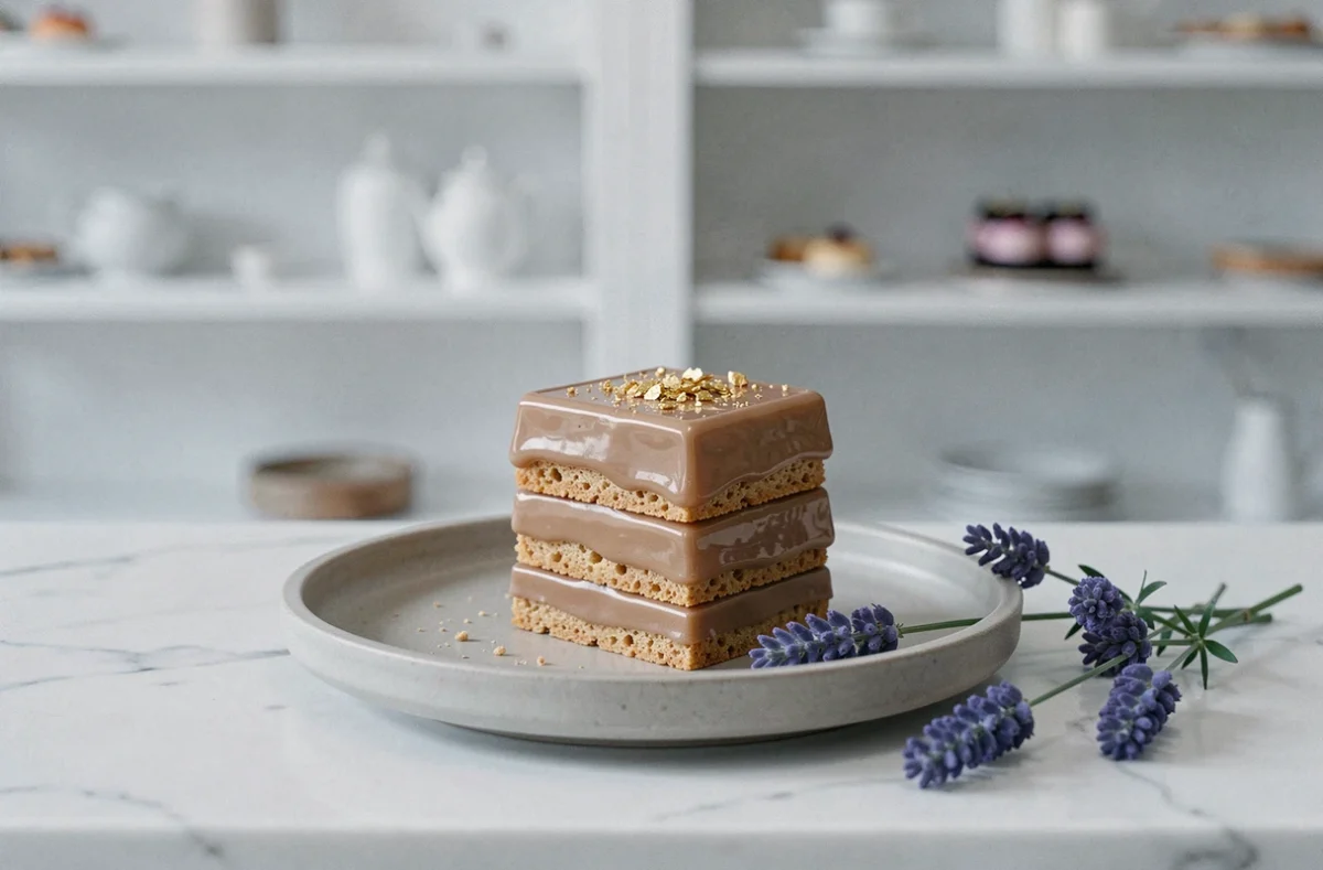 Dessert d'auteur à la finition miroir dorée sur marbre blanc dans une pâtisserie d'Aix-en-Provence