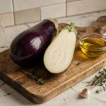 Aubergines fraîches coupées en deux sur une planche en bois rustique avec de l'huile d'olive et du thym, recette facile pour débutants