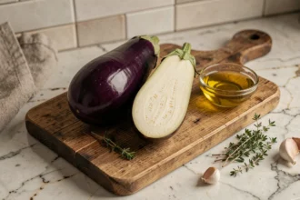 Aubergines fraîches coupées en deux sur une planche en bois rustique avec de l'huile d'olive et du thym, recette facile pour débutants