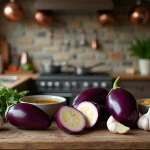 Aubergines fraîches tranchées avec herbes aromatiques et ail sur un plan de travail en bois rustique pour une recette saine