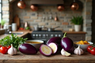 Aubergines fraîches tranchées avec herbes aromatiques et ail sur un plan de travail en bois rustique pour une recette saine