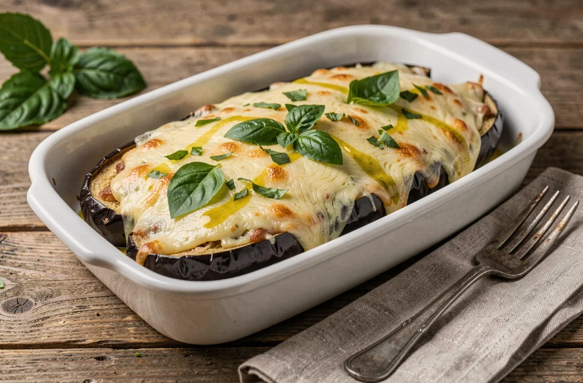 Plat d'aubergines gratinées au fromage et au basilic dans un plat en céramique blanche, recette simple et savoureuse pour débutants