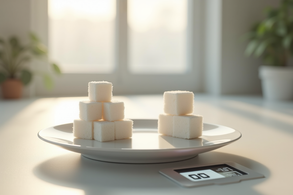 Balance de cuisine numérique avec des morceaux de sucre et une assiette vide