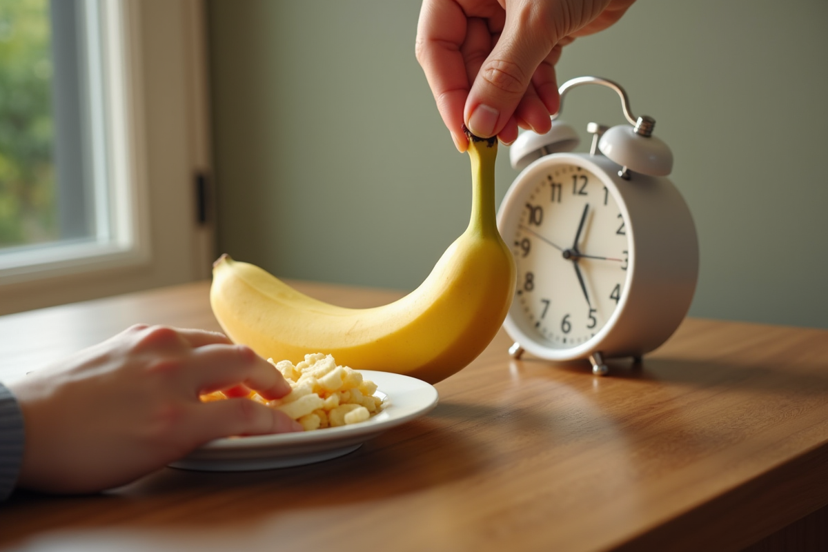 Main hésitant à prendre une banane au petit déjeuner matin