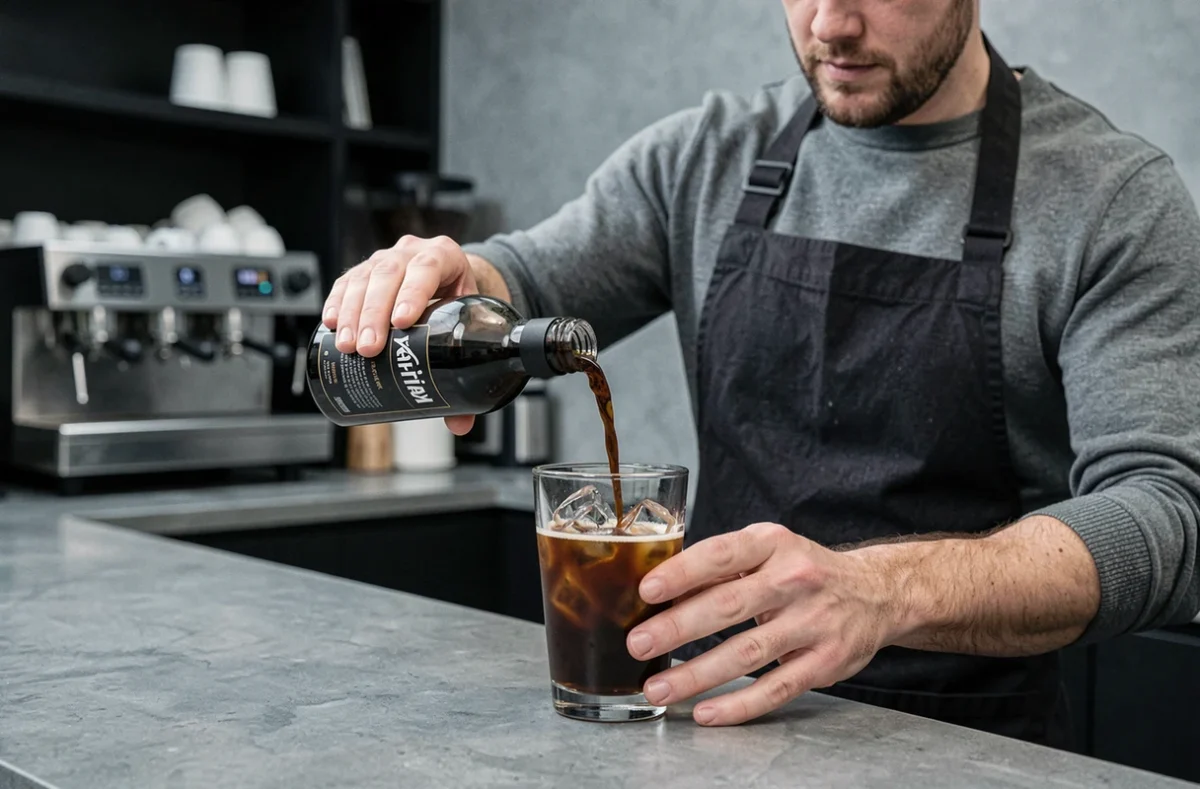 Barista versant du Kahlúa dans un verre de cold brew glacé dans un bar moderne épuré aux surfaces en béton