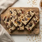 Barres de céréales maison flocon d'avoine et chocolat noir sur planche en bois rustique, vue de dessus