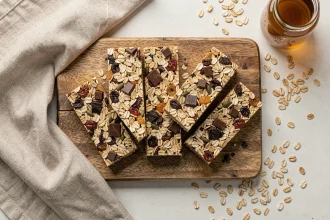 Barres de céréales maison flocon d'avoine et chocolat noir sur planche en bois rustique, vue de dessus