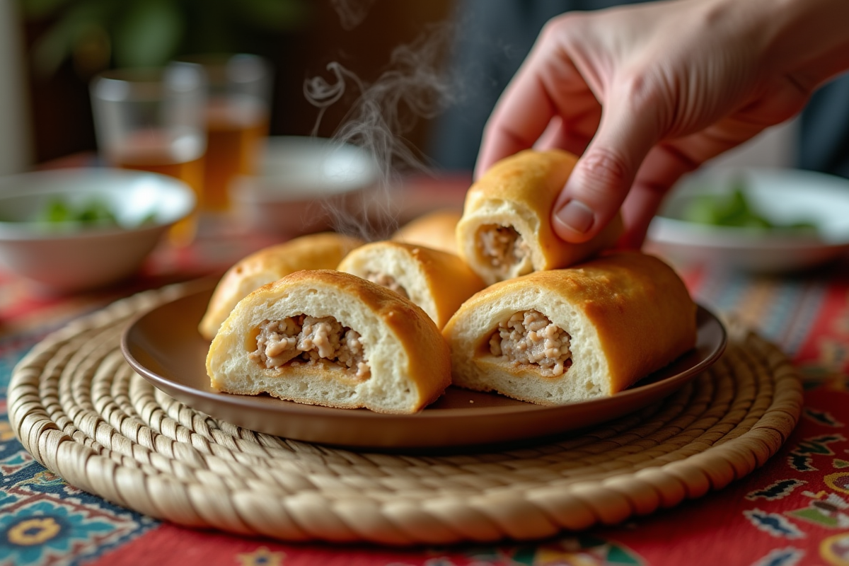 Assiette de batbouts au poulet avec garnitures et ambiance familiale