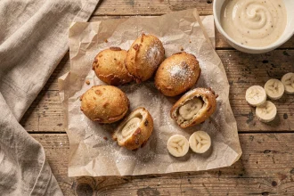 Beignets à la banane dorés et croustillants saupoudrés de sucre glace, disposés sur du papier sulfurisé vu de dessus