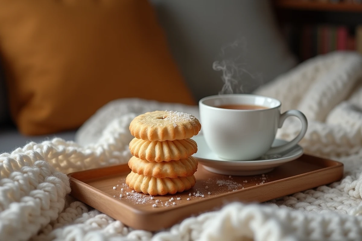 Biscuits cuillère maison à la vanille posés sur un plateau en bois avec une tasse de thé pour le goûter