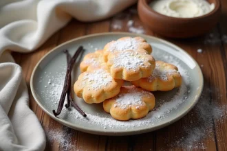 Biscuits cuillère parfumés à la vanille disposés sur une assiette en céramique vintage avec une gousse de vanille