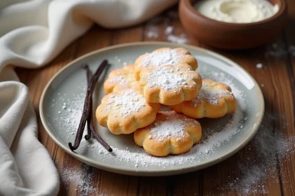 Biscuits cuillère parfumés à la vanille disposés sur une assiette en céramique vintage avec une gousse de vanille