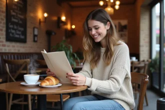 Jeune femme lisant le menu d'un bistro lillois ouvert le dimanche, ambiance décontractée et authentique