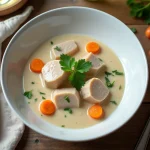 Blanquette de veau traditionnelle servie dans un bol en céramique blanche avec une sauce crème épaisse, carottes et persil frais