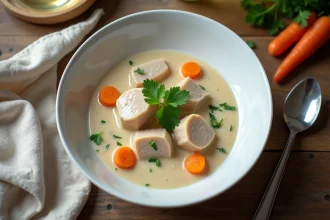 Blanquette de veau traditionnelle servie dans un bol en céramique blanche avec une sauce crème épaisse, carottes et persil frais