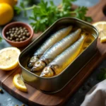 Boîte de sardines à l'huile d'olive ouverte sur une planche en bois rustique entourée de citron et de persil frais