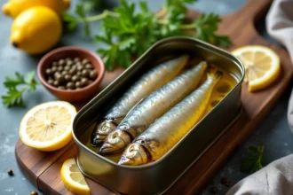 Boîte de sardines à l'huile d'olive ouverte sur une planche en bois rustique entourée de citron et de persil frais