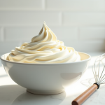 Bol de creme vanille fouettee avec fouet a cote