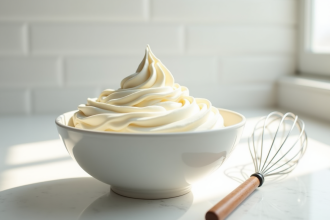 Bol de creme vanille fouettee avec fouet a cote