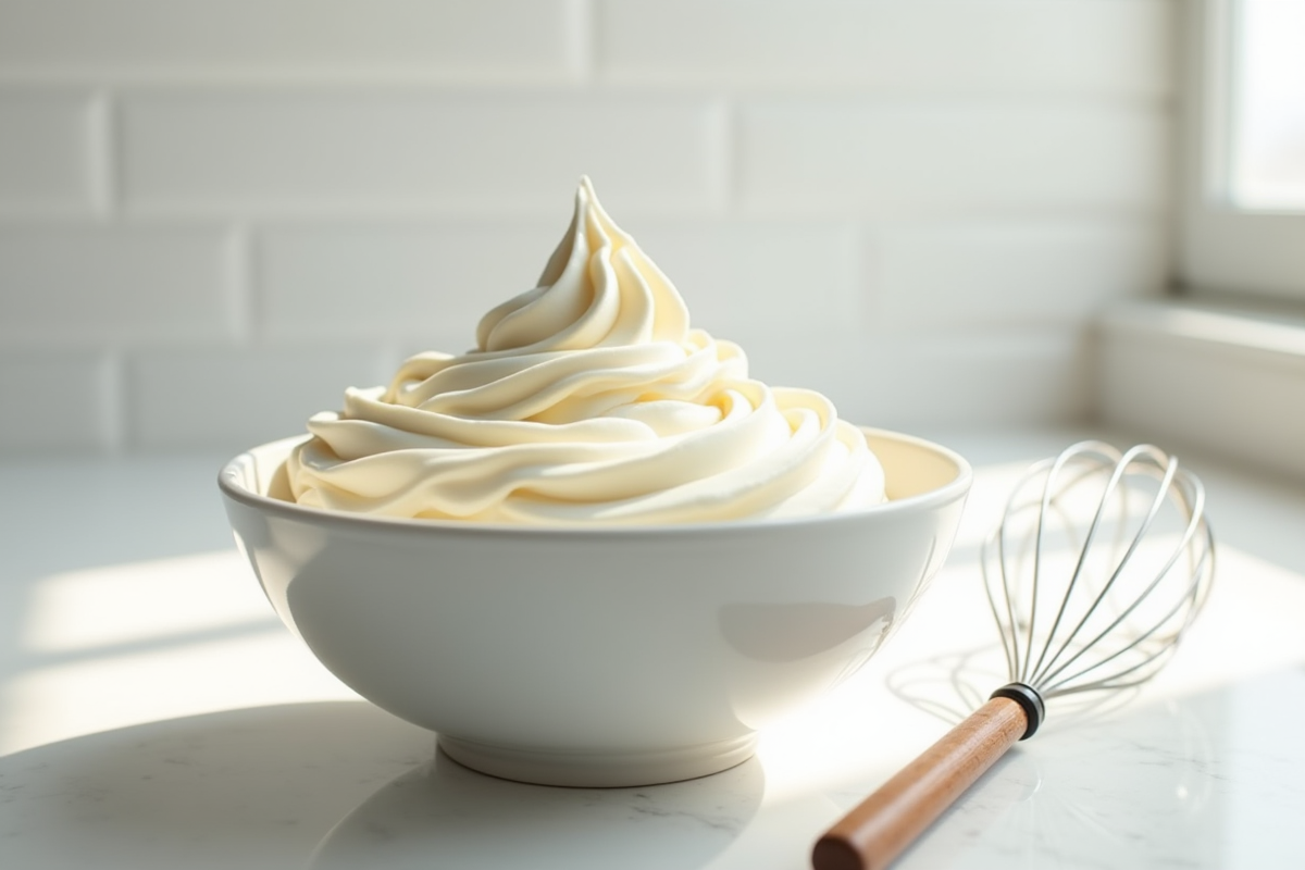 Bol de creme vanille fouettee avec fouet a cote