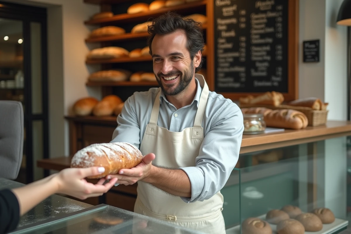 Boulanger remettant une baguette à un client devant un affichage de prix dans une boulangerie artisanale
