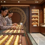 Boutique de chocolats artisanaux à Dubaï avec présentoir en verre et packaging doré élégant