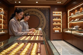 Boutique de chocolats artisanaux à Dubaï avec présentoir en verre et packaging doré élégant