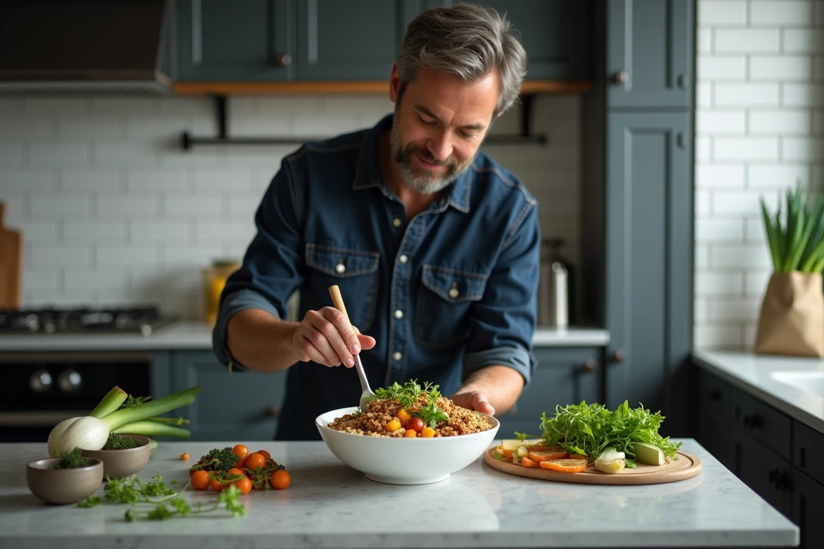 Homme préparant un bowl végétarien complet avec des légumes de saison rôtis et du quinoa dans une cuisine moderne en avril