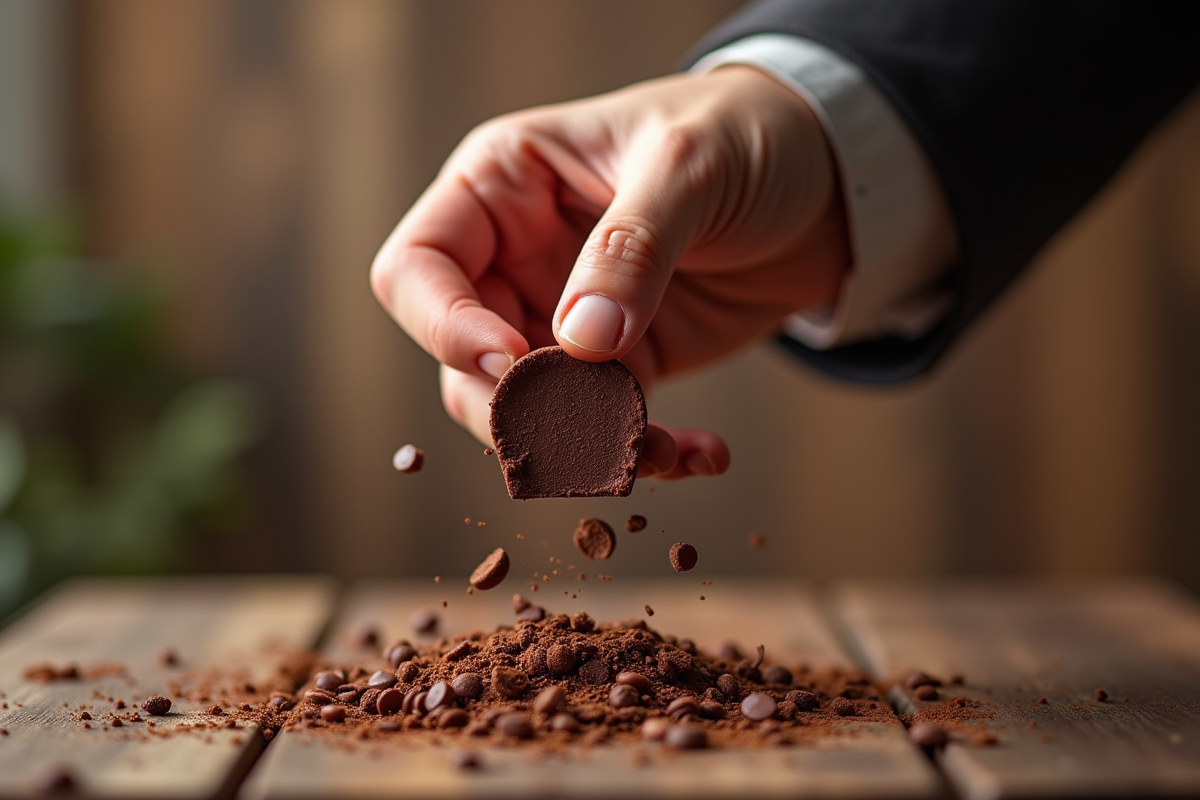 Main cassant une gavotte au chocolat sur une table en bois