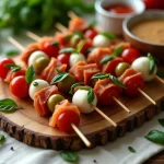 Plateau de brochettes apéritives colorées avec tomates cerises, mozzarella et charcuterie sur une planche en bois rustique pour buffet froid