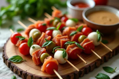 Plateau de brochettes apéritives colorées avec tomates cerises, mozzarella et charcuterie sur une planche en bois rustique pour buffet froid