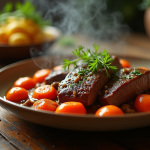 Plat de bœuf bourguignon sur table rustique avec légumes